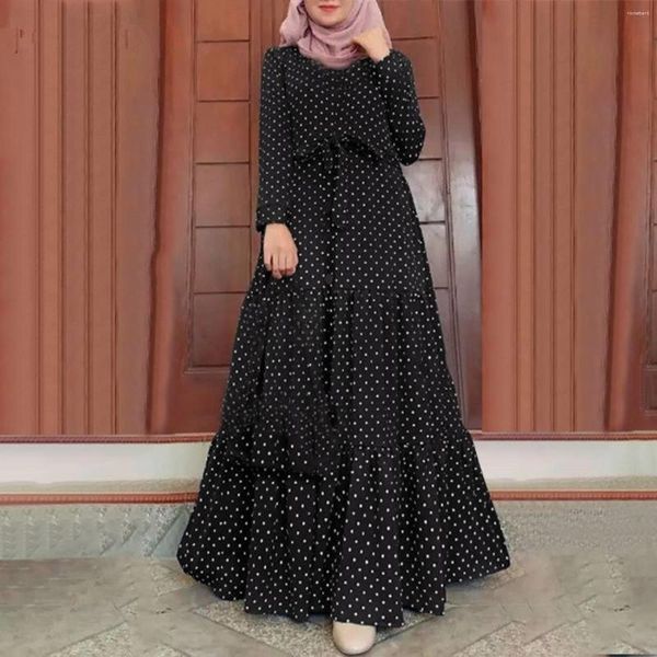 Casual Kleider Frauen Polka Dot Langarm Lose Muslimischen Kleid Gürtel A-Line Maxi Robe Kaftan Marokko Abaya Gebet Islamische Kleidung