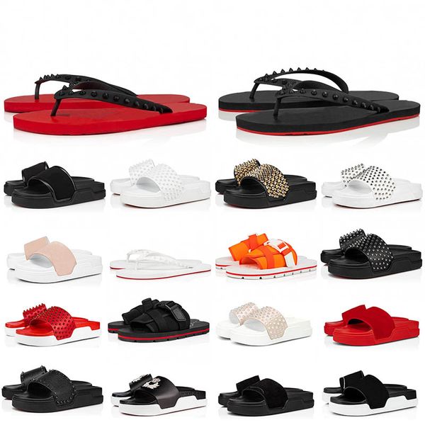 Lüks tasarımcı terlik erkekler perçinler ayakkabı kabarık terlik kadınlar erkek siyah beyaz bej çıplak yumuşak kırmızı platform sandal düz slaytlar flip floplar havuz paris sandalet moda