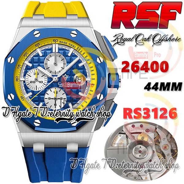 RSF IP26400 Cal.3126 A3126 Cronógrafo Automático Relógio Masculino 44mm Cerâmica Azul Moldura Moldura Interna Amarela Textura Mostrador Bastão Marcadores Pulseira de Borracha Relógios eternidade