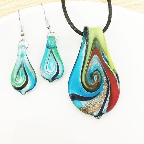 Colares com pingente 1 pçs estilo chinês folha de vidro de murano colar lampwork feito à mão azul turbilhão areias jóias para todos os jogos suéter cadeia