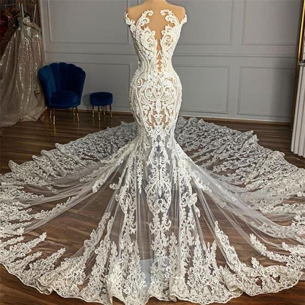 Arabia Spitze Transparentes Hochzeitskleid für Frauen Sheer Ausschnitt Perlen Sexy Lange Meerjungfrau Brautkleider vestidos273k