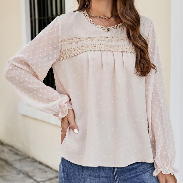 Blusas Femininas Femininas Lace Splice Cor Sólida Manga Longa Estilo Praia Top Estampado Étnico Manga Boêmia Camisas Camisas