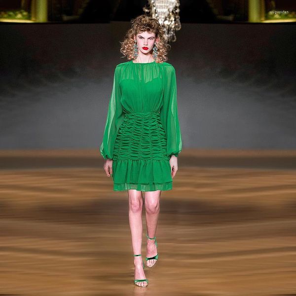 Vestidos Casuais Break French Advanced Sense Of Wrinkly Thin All With Bubble Sleeve Green Careful Machine Bag Arm Cross-border