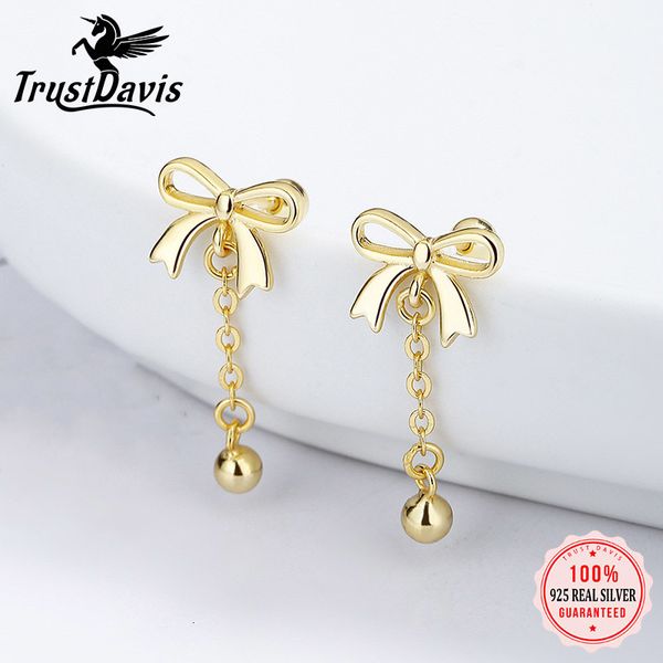 Stud TrustDavis Real 925 Sterling Silver Fashion Bowknot Tassel Beads Screw Earrings For Filha Girls Fine Gift Jewelry DG0138 230807