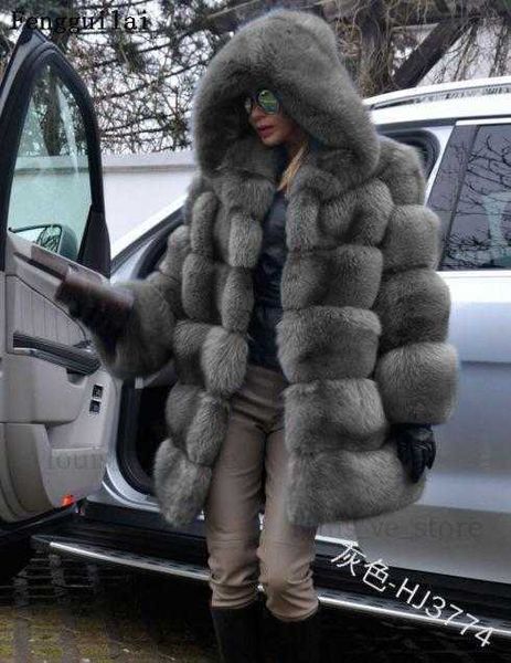 Fengguilai moda lüks sahte kürk ceket kadınları 80 cm uzunluğunda doğal kürk ceketli büyük kürk kaputu tam kılıf kış kalın kürk T230808
