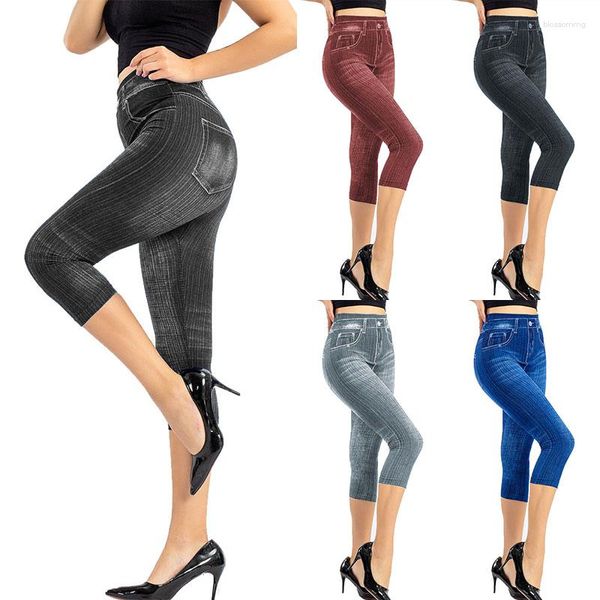 Calças Femininas Leggings Femininas Slim Cropped Denim Stretch Jeans Faux Jeans Legging Moda Fitness Cintura Alta