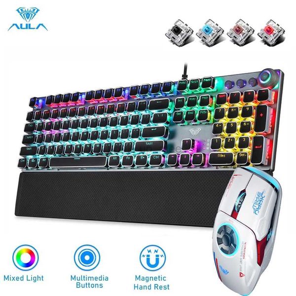 AULA Mechanische Gaming-Tastatur, Retro, quadratisch, leuchtende Tastenkappen, Hintergrundbeleuchtung, USB, verkabelt, 104 Anti-Ghosting, H530-Mauskombination HKD230808