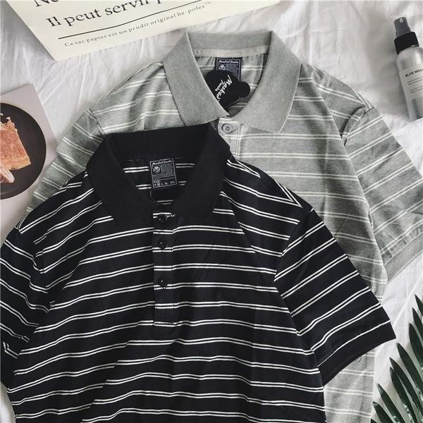 Erkek Tişörtleri Amerikan Retro Trend Kişilik Stripe Polo Gömlek Aşıkları Yaz 2023 Gündelik Erkekler ve Erkekler Kısa Kollu Üstler Harajuku