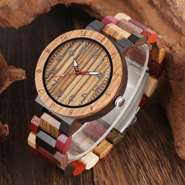 Orologi da polso Cinturino in legno pieno colorato Orologio da polso al quarzo da uomo Numeri arabi classici Display analogico Orologi maschili in stile naturale