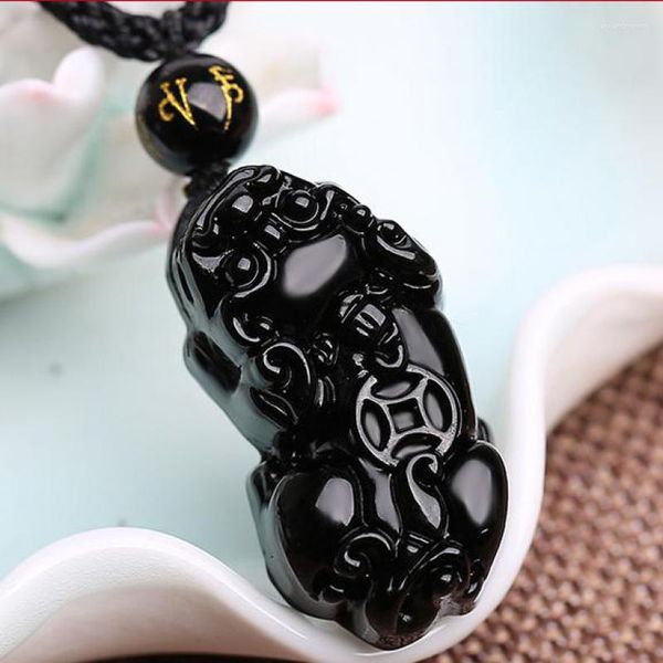 Anhänger Halsketten Natürliche Obsidian Pixiu Halskette Fengshui Charme Männer Frauen Edlen Schmuck Echte Kristall Stein
