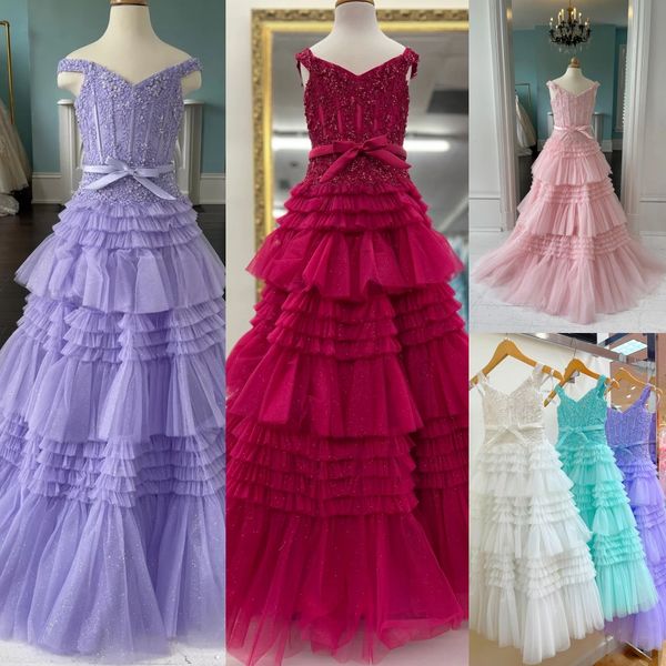Lilla Girl Preteens Pageant Dress 2024 Shimmer Tulle Off-Shoulder Little Kid Compleanno Abito da festa formale Infant Toddler Teens Tiny Young Junior Miss Ruffle Ballgown
