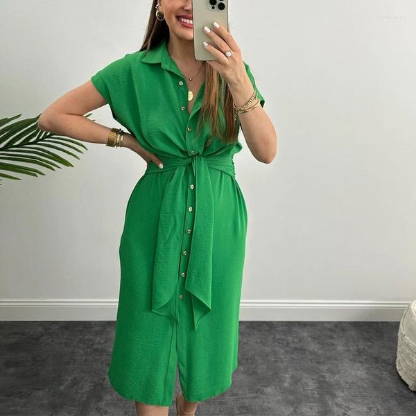 Abiti casual da donna Lace Up Summer Elegante abito camicia verde 2023 Office Lady tinta unita monopetto Midi Vestidos De Mujer