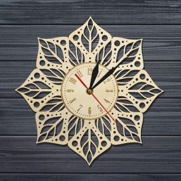 Orologi da parete Orologio in legno da 12 pollici 3D Mandala Flower Carving Pattern Art Geometry Yoga Decorazione moderna