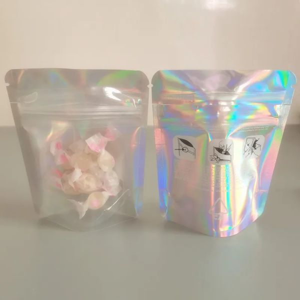 Großhandel wiederverschließbare Kunststoff Einzelhandel klare kindersichere Verpackungsbeutel holographische transparente Tasche geruchsdichte Mylar-Tasche für trockene Blumen LL