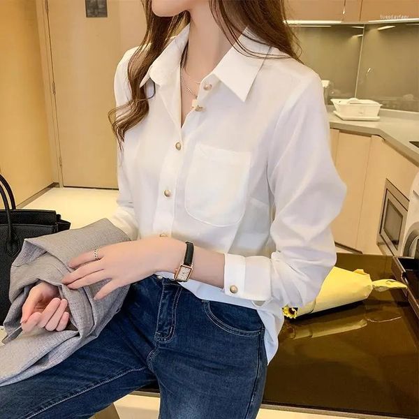 Kadın bluzları Japonya Kore tarzı ofis beyaz kadınlar gömlek bluz kadın tasarım düz renk uzun kollu şifon üstleri