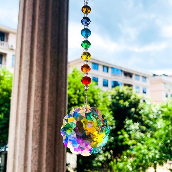 Decorazioni da giardino Mandala Chakra Arcobaleno Cristallo Prisma Ghirlanda Acchiappasole Vetro Arte Cristalli sfaccettati Lampadario Ciondolo Casa Giardino Hanging Decor 230807