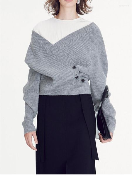 Suéter feminino cinza com decote em V cortado irregular suéter de lã casaco 2023 outono inverno feminino tricô solto pulôver de manga comprida blusa de tricô
