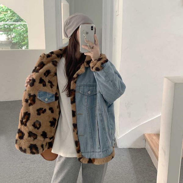 Pelliccia da donna Pelliccia sintetica Moda coreana Giacca di jeans leopardata vintage Donna Inverno Streetwear Cappotto in pelliccia sintetica reversibile Designer di lusso Abbigliamento donna HKD230727