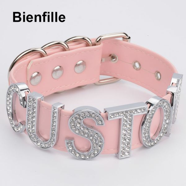 Collane con ciondolo Collana con parole di cristallo fatte a mano Donna Personalizzato Scegli grandi lettere Girocollo Girocollo con colletto in pelle PU punk rosa gotico 230808