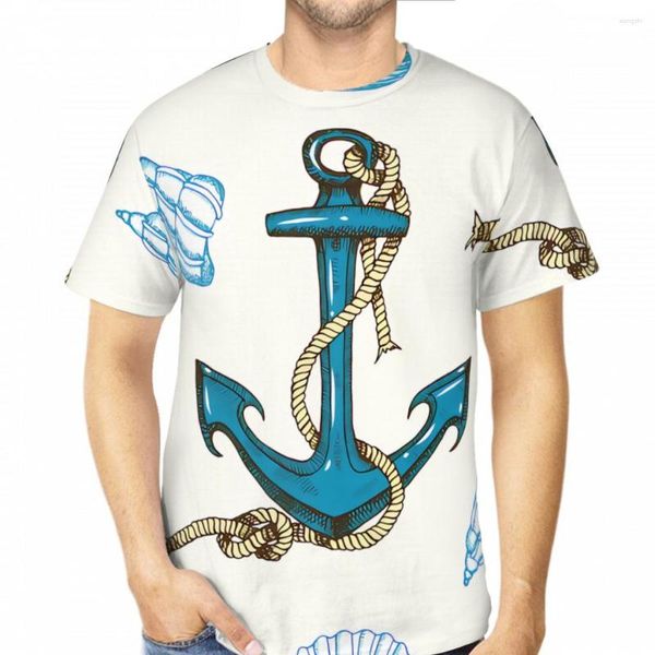 Herren-T-Shirts, nautisches Muster mit handgezeichneten Ankern und Muscheln, Polyester, 3D-Druck, Kunst-Shirt, schnell trocknende Kleidung, T-Shirts