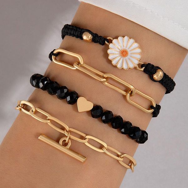 Charm-Armbänder Vintage Gänseblümchen-Blumen-Herz für Frauen, handgefertigtes Seil, Polymer-Ton, Perlenkette, mehrschichtiges Armband-Set, Schmuck