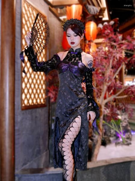 Casual Kleider Sommer Frauen Harajuku Gothic Mode Spitze Aushöhlen Temperament Schlank Schwarz Schlitz Sexy Cheongsam Kleid