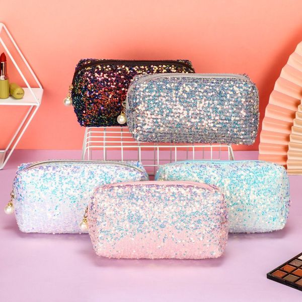 Bolsas Cosméticas Estojos Moda Glitter Bolsa de Maquiagem de Alta Capacidade Sereia Lantejoulas Caneta Armazenamento Preguiçoso Zíper Bolsa Bolsas 230808