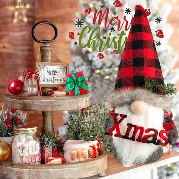 White Beard Handmade Christmas Faceless Doll Plush Gnome Ornaments Festive Holiday Decor con Plaid Hat Big Nose per Natale L230621