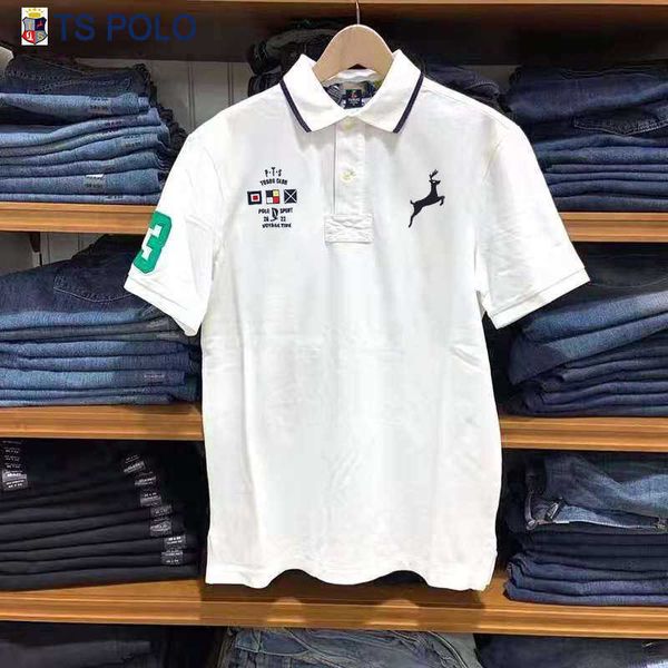 Neues Kurzarm-Poloshirt für Herren, reine Baumwolle, Stickerei, einfacher Stil, einfarbig, Marineblau, Weiß, Grün, Freizeitsport