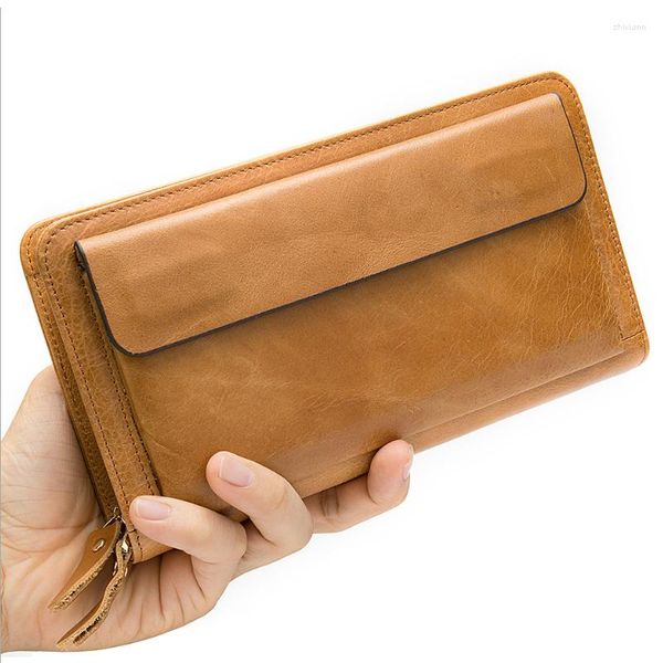 Carteiras Clutch Carteira de Couro Genuíno Homens Masculino Estilo Empresarial Clutches Com Pulseira Real Cow Hand Purse Grande Capacidade