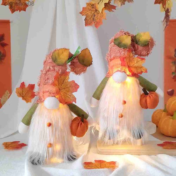 Осенняя безличальная кукла гнома со светодиодным легким плюшевым эльф -игрушками День Благодарения Осенний урожай украшения настольные украшения детский подарок L230621
