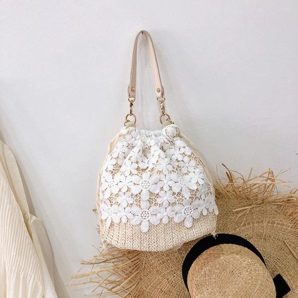 Bolsas de noite feminina bolsa de ombro balde verão tecido rendado crossbody feito à mão moda casual simples elegante bolsa de viagem de praia