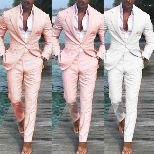 Ternos masculinos traje Homme terno rosa para padrinho de casamento na praia linho 2023 verão 2 peças homem feriado férias feito