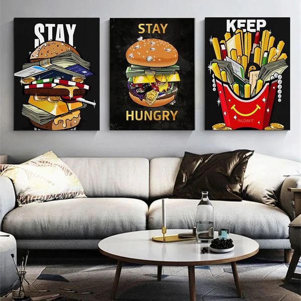 Cartoon Burger Money Canvas Painting Wall Art Modular Stay Hungry Home Decor Money Luxury Anime Poster Stampe Soggiorno Decorazione Immagini a parete Wo6