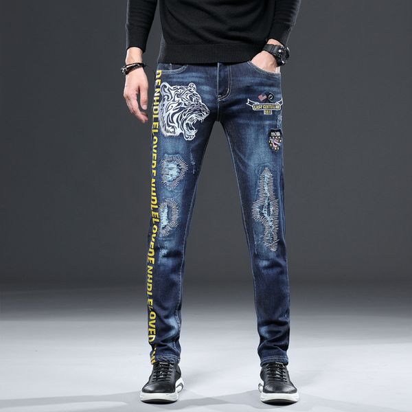 Jeans Tiger Head Stickerei Personalisierte blaue Strecke Denimhose Trend Designer Jeans Herren Jeanshose Modehoser Top Sell Sell
