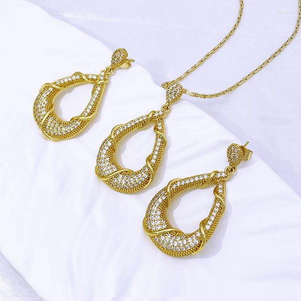 Conjunto de colar de brincos com pingente para mulheres cor de ouro zircônia joias argola para noiva acessórios de casamento