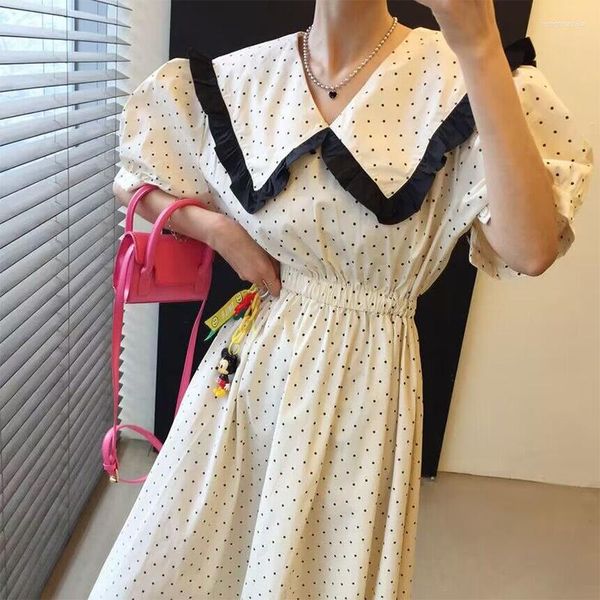 Casual Kleider Sommer Altersreduzierung Puppe Kragen Holz Ohr Rand Kollokation, um Taille dünne Blase Ärmel Polka Dot Kleid weiblich zu erhalten