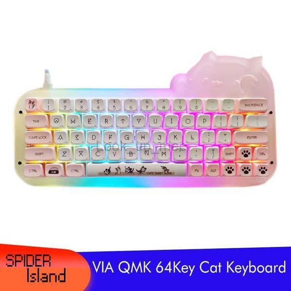 Через клавиатуру 64 Ключ Программируемая механическая клавиатура RGB BANTLIGHT CUT CAT TRANKERNT PULL MACRO MACRO Клавиатура HOT Swappable HKD230808