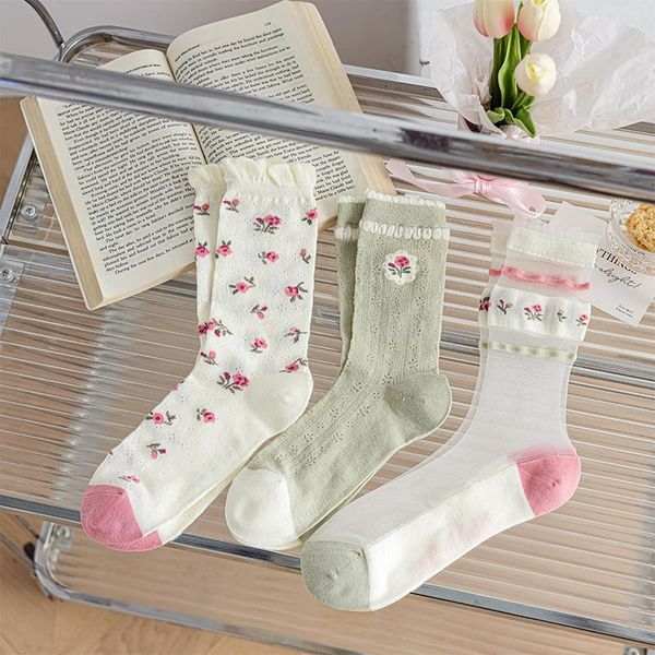 Calzini da donna Calzino da donna in pizzo Fiore rosa per stampa di moda Dolce tubo medio Sox Cotone Bella traspirante Primavera Estate Sokken