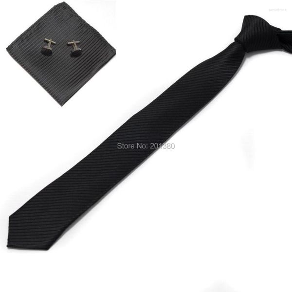 Fliegen 2023 Solid Black Slim Krawatten-Set für Herren, Einstecktuch, Manschettenknöpfe