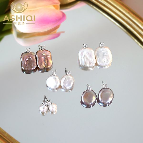 Stud ASHIQI Perla de agua dulce barroca natural 925 Pendientes de circón de plata esterlina para mujeres Regalos de joyería 230807