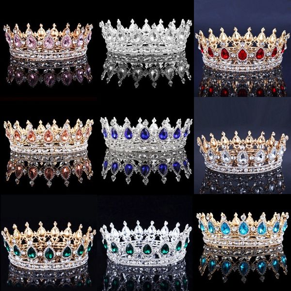 Hochzeit Haarschmuck Braut Royal Pink Crystal Queen King Tiaras Barocke runde Kronen Großer Festzug Diadem Stirnband Hochzeit Haarschmuck 230808