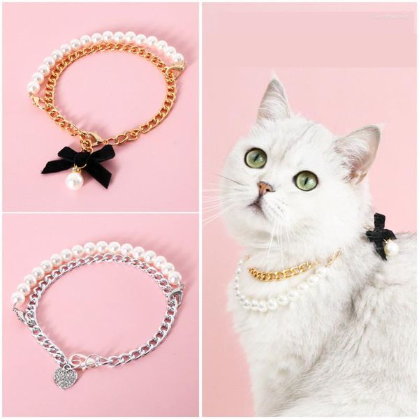 Abbigliamento per cani Collana per gatti Gattino Catene di perle con ciondolo a cuore Collare ingioiellato per accessori per catenine al collo