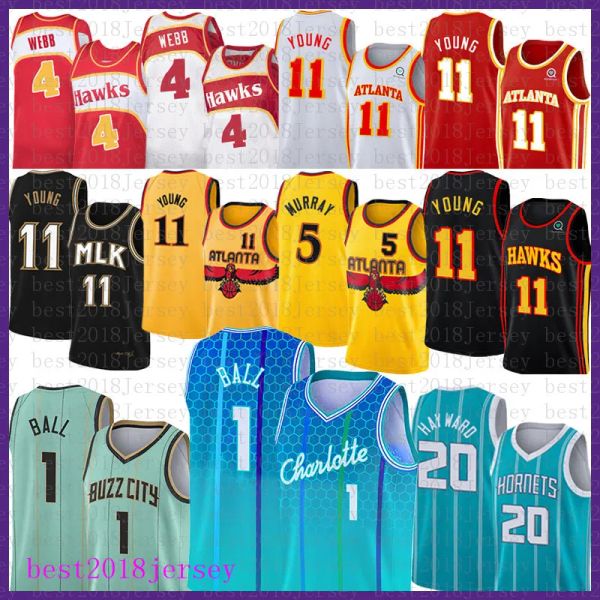 Atlanta''Hawks''Basketballtrikot Charlottes Hornet 2022 Neu 1 20 11 5 4 Gordon Hayward LaMelo Ball Trae Young Dejounte Murray Spud Webb Silber