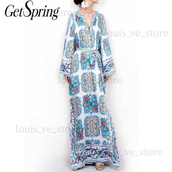 Venda imperdível GETSPRING Vestido feminino de verão Vestido maxi estampado Vestidos de chiffon Decote em V Manga comprida solto Dividido Bohemia Boho Floral Plus Size Grátis T230808