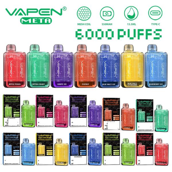 vapes puff descartável 6000 VAPEN META 6000 puffs vape descartável Cigarros eletrônicos Kits 550mAh Bateria Bobina de malha pré-preenchida Vaporiezer Vapor 0% 2% 5% Opções