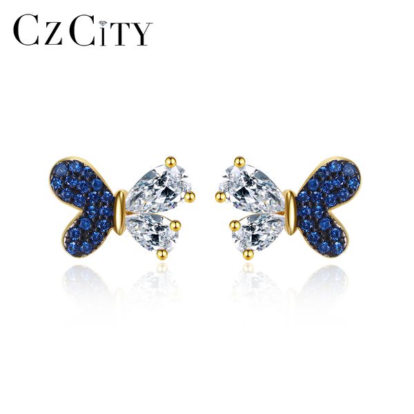 Stud CZCITY Sapphire Blue Cubic Zirconia 925 Sterling Silver Orecchini a farfalla Placcato oro Insolito Luxury Party Fine Jewelry 230807