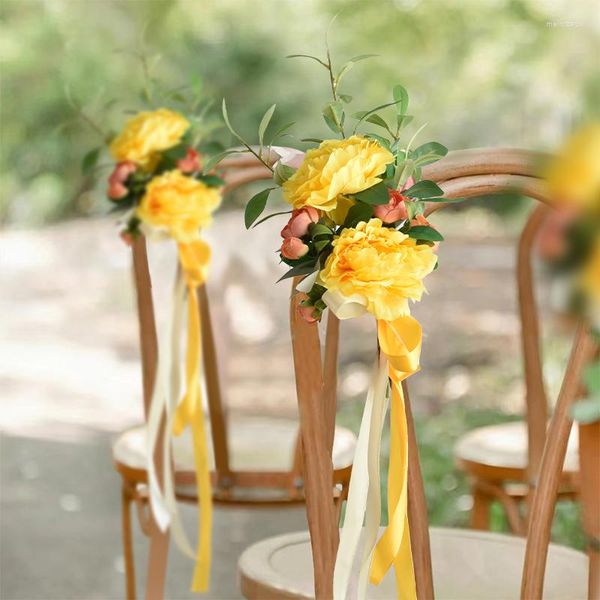 Flores decorativas para cadeira de flores artificiais buquê de peônia fita para assento de banquete capa para carro El Church ao ar livre suprimentos para decoração de casamento