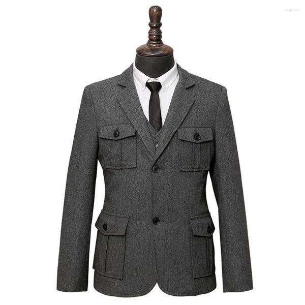 Herrenanzüge, Winter-Tweed, Herringbone-Anzug für Herren, klassischer Safari-Blazer, Hose mit 4 Umschlagtaschen, einzigartiges Design, 3-teilige Jacke, Hose, Weste