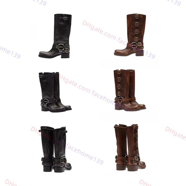 2023 Fashion New Round Toe Shiny Leather Boots Donna Designer Fashion Cow Leather Belt Buckle Leather Biker Knee Boots stivali Chelsea stile marrone nero